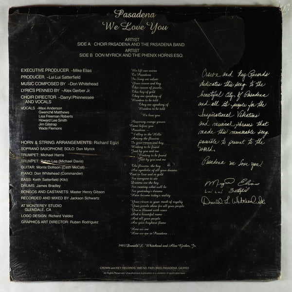 Choir Pasadena & The Pasadena Band – Pasadena We Love You - New 12" Single Record 1983 USA Vinyl - Soul / Boogie