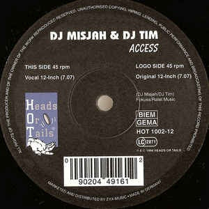 DJ Misjah & DJ Tim ‎– Access - VG+ 12" Single 1996 Heads Or Tails Germany - Trance / Acid
