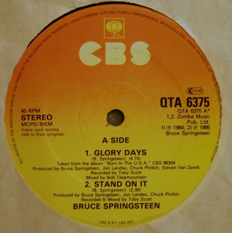 Bruce Springsteen - Glory Days - VG+ 12" Single 1985 CBS UK - Rock / Pop