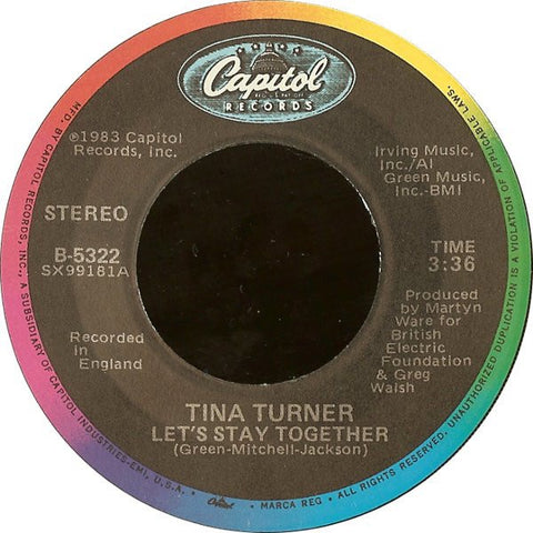 Tina Turner ‎– Let's Stay Together / I Wrote A Letter - VG+ 45rpm 1983 USA - Soul / Disco