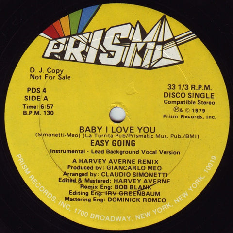 Easy Going ‎– Baby I Love You / Suzie Q VG+ 12" Single 1979 Prism Promo - Italo-Disco