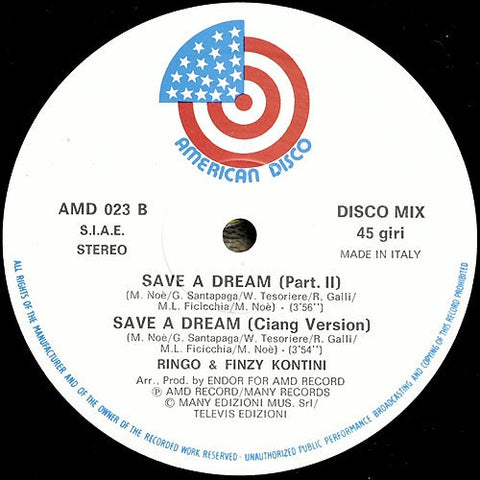 Ringo & Finzy Kontini ‎- Save A Dream - VG- 12" Single 45 RPM 1986 Italy - Italo Disco