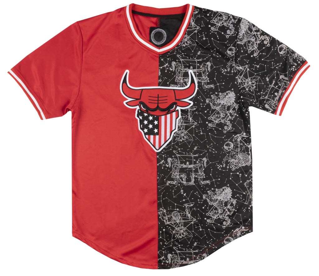 Apparel Zoo () Maximilian - Men's Baseball Style Chicago Bulls Embroidered Pull Over Black & Red 'Constellation' Jersey Medium