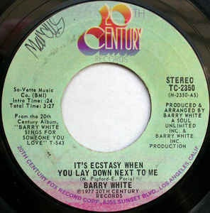 Barry White ‎– It's Ecstasy When You Lay Down Next To Me - VG 45rpm 1977 USA 20th Century Records - Funk / Soul / Disco