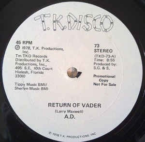 A.D. ‎– Return Of Vader - M- 12" Single Promo 1978 T.K. Disco USA - Disco