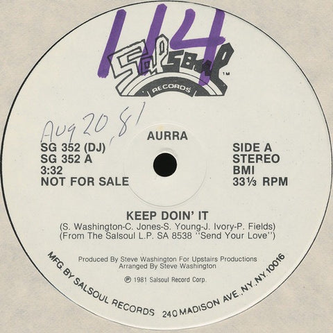 Aurra ‎– Keep Doin' It / Nasty Disposition - VG+ 12" Single 1981 Salsoul Promo USA - Disco