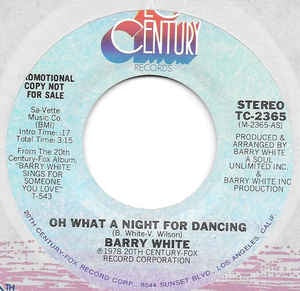Barry White- Oh What A Night For Dancing- VG+ 7" Single 45RPM- 1978 20th Century Records USA- Electronic/Disco