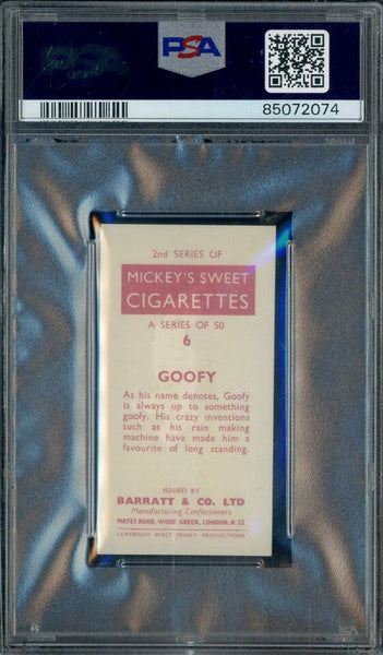 Goofy - 1957 Walt Disney Barratt & CO. Ltd Tobacco Card - Card #6 - Mickey's Sweet Cigarettes - PSA 9 MINT - Shuga Records
