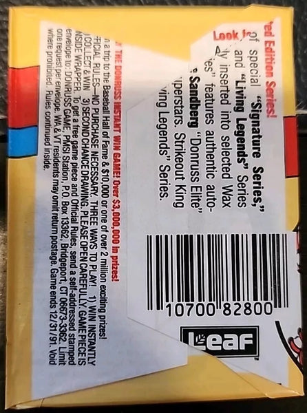 (1) One Pack - New Sealed 1991 DONRUSS Series 1 MLB Baseball Trading Card Pack - 15 Cards + 3 Puzzle Pieces - Shuga Records
