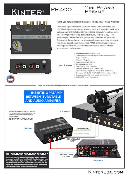 New Kinter PR400 Ultra Compact Phono Vinyl Turntable Preamp - Mini Electronic Audio Stereo Phonograph Preamplifier with Gold Plated RCA Input  Outputs - Shuga Records
