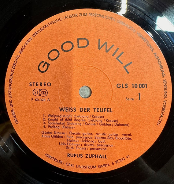 Rufus Zuphall - Weiß Der Teufel - Mint- LP Record 1970 Good-Will Germany Original Press Vinyl & Insert - Krautrock / Prog Rock / Psychedelic Rock - Shuga Records