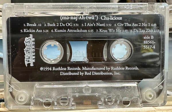 Menajahtwa (mə-naj′-Ah-twä′) - Cha-Licious - VG+ 1994 Ruthless USA Clear Original RARE Tape (Eazy-E & Yella Produced) - Hip Hop / Gangsta Rap - Shuga Records