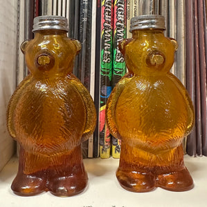 1950's-1960's Vintage Teddy Bear Amber Glass Salt Pepper Shakers Honey Golden Brown - Shuga Records