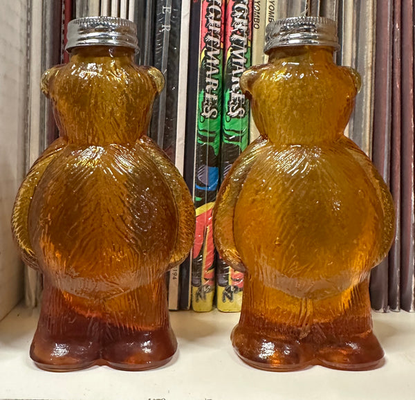 1950's-1960's Vintage Teddy Bear Amber Glass Salt Pepper Shakers Honey Golden Brown - Shuga Records