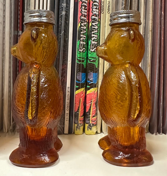 1950's-1960's Vintage Teddy Bear Amber Glass Salt Pepper Shakers Honey Golden Brown - Shuga Records