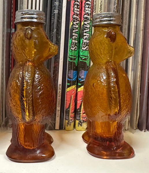 1950's-1960's Vintage Teddy Bear Amber Glass Salt Pepper Shakers Honey Golden Brown - Shuga Records