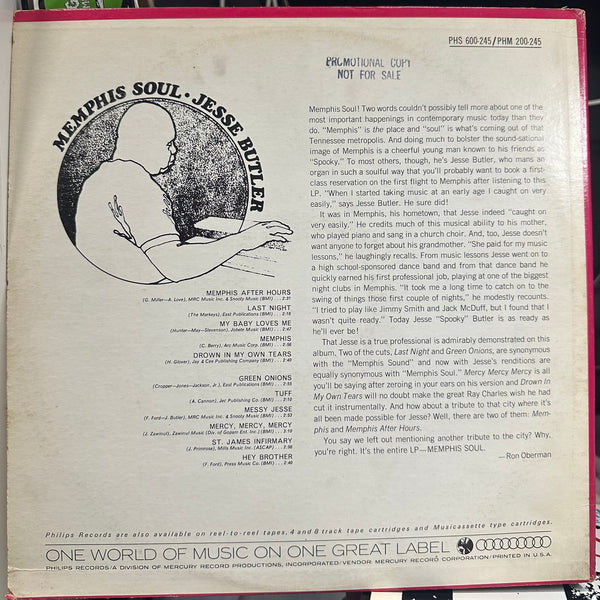 Jesse Butler - Memphis Soul - VG+ LP Record 1967 Philips USA Promo Label Vinyl - Jazz / Soul-Jazz - Shuga Records
