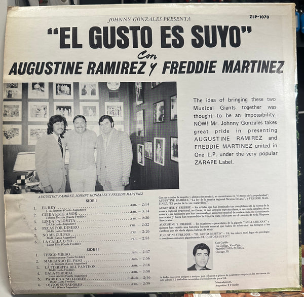 Augustine Ramirez & Freddie Martinez - El Gusto Es Suyo - VG+ LP Record 1972 El Zarape USA Vinyl - Latin / Ranchera / Tex Mex - Shuga Records