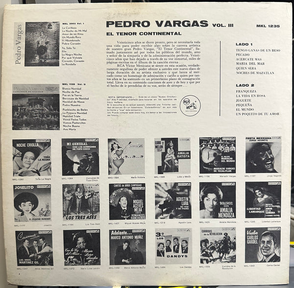 Pedro Vargas - El Tenor Continental, VOL. III - VG+ LP Record 1959 RCA Victor USA Original Vinyl RARE - Latin / Mexican Cinema - Shuga Records