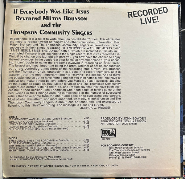 Reverend Milton Brunson - If Everybody Was Like Jesus - VG+ LP Record 1975 HOB USA Vinyl - Gospel / Soul - Shuga Records