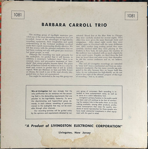 Barbara Carroll Trio - Barbara Carroll Trio - Near Mint- 10" EP Record 1954 Livingston USA Mono Original Red Vinyl - Jazz - Shuga Records