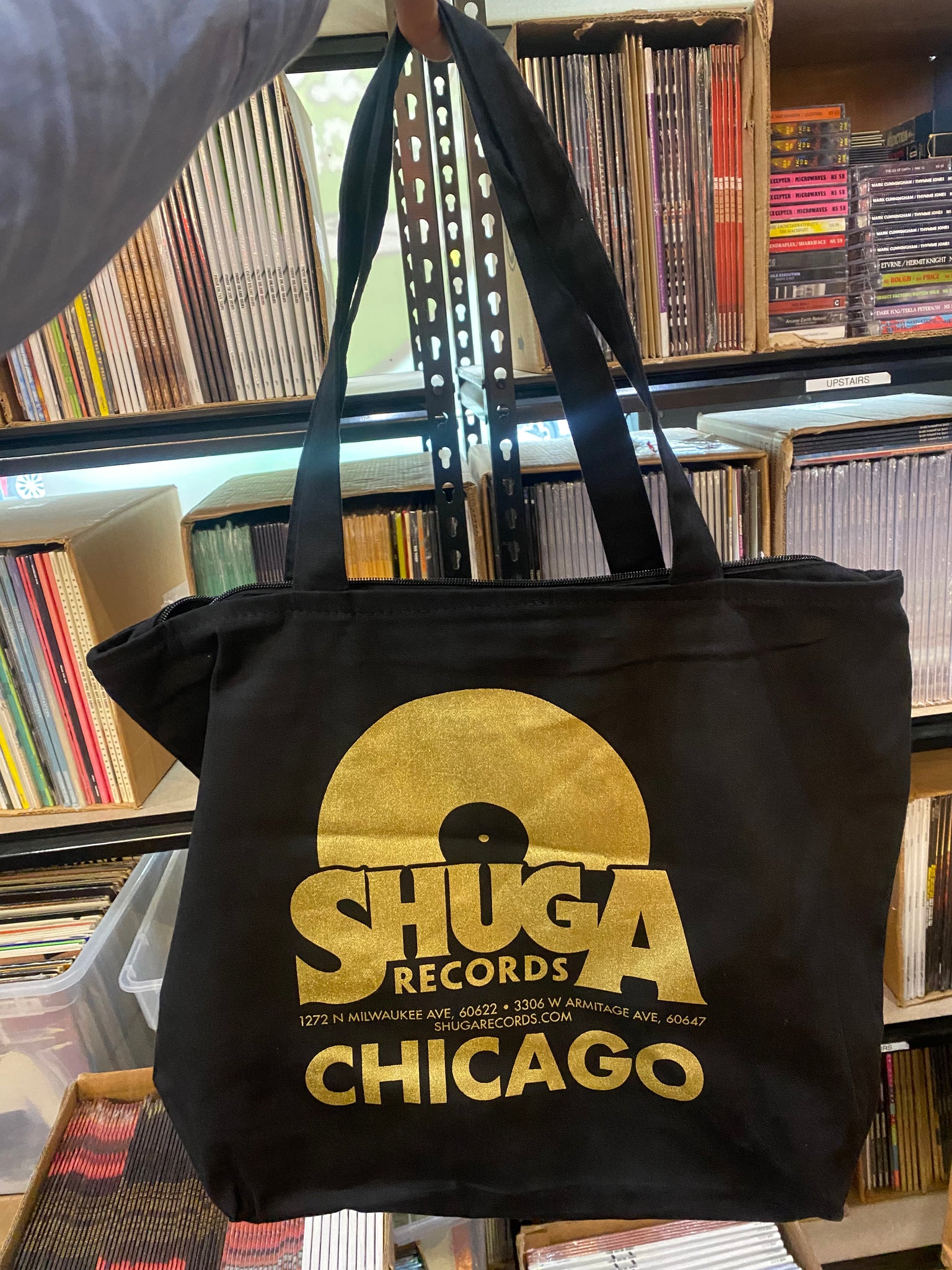 Shuga Records Chicago Tote Bag - Zippered with Inner Pocket - Black / Gold - Shuga Records
