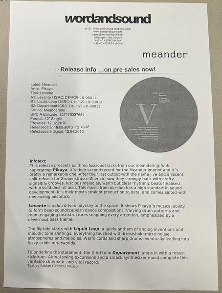 Pikaya - Levante - New 12" Single Record 2010 Meander Germany White Label Promo Vinyl & Press Sheet - House / Techno / Tech House - Shuga Records