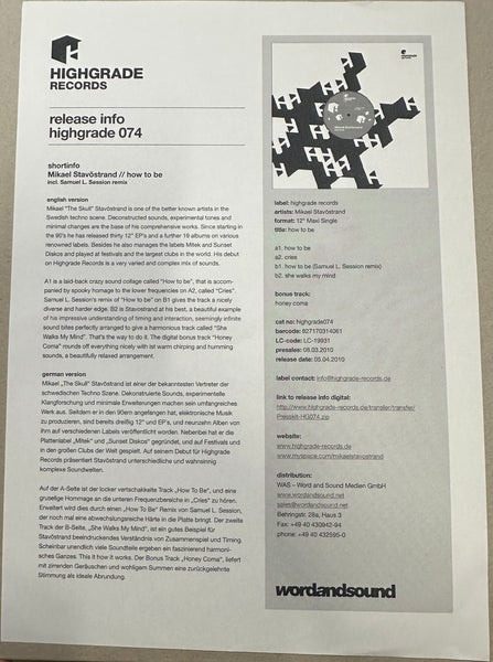Mikael Stavöstrand - How To Be - New 12" Single Record 2010 Highgrade Germany Promo White Label Vinyl & Press Sheet - Tech House / Minimal - Shuga Records