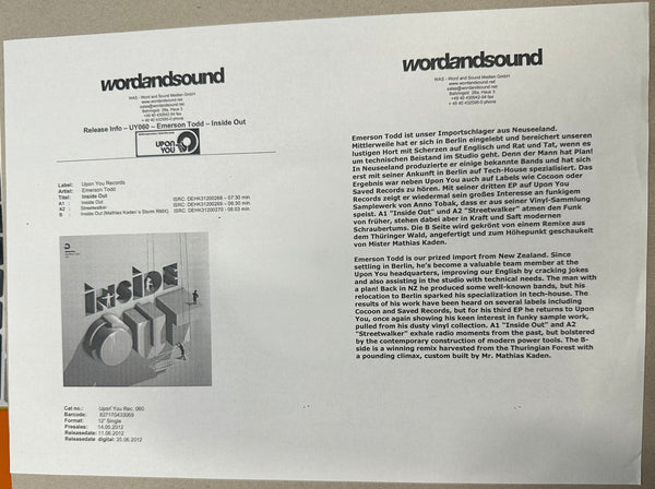 Emerson Todd - Inside Out - New 12" Single Record 2010 Upon.You Germany Promo White Label Vinyl & Press Sheet - Tech House - Shuga Records