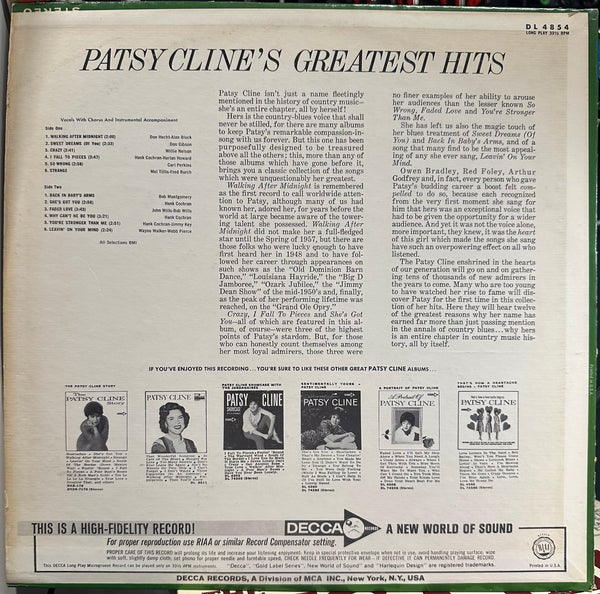 Patsy Cline - Patsy Cline's Greatest Hits - VG LP Record 1967 Decca Original USA mono Vinyl Press - Country - Shuga Records