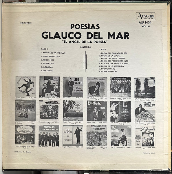 Glauco Del Mar - Poesias Volumen 4. El Angel De La Poesia - VG+ LP Record 1960s Ansonia Vinyl - Latin / Poetry - Shuga Records