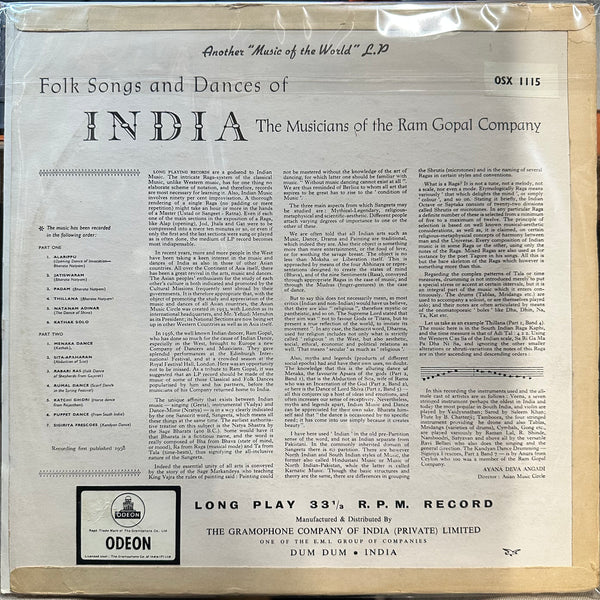 The Musicians Of The Ram Gopal Company - Folk Songs And Dances Of India - VG+ LP Record 1958 Odeon India Vinyl RARE - Hindustani / World Music - Shuga Records