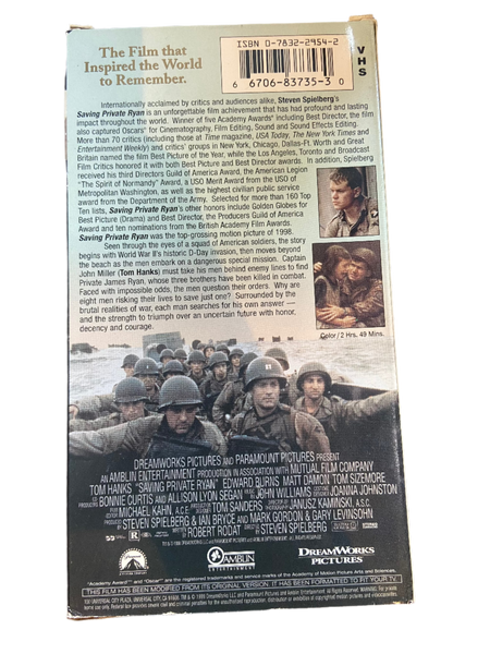 Saving Private Ryan (1998) - Used VHS 1999 Paramount Limited Edition Tape - Shuga Records