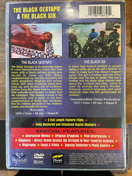 The Black Gestapo (1975)/The Black Six (1973) - Used VG+ DVD 2002 Diamond Entertainment - Shuga Records