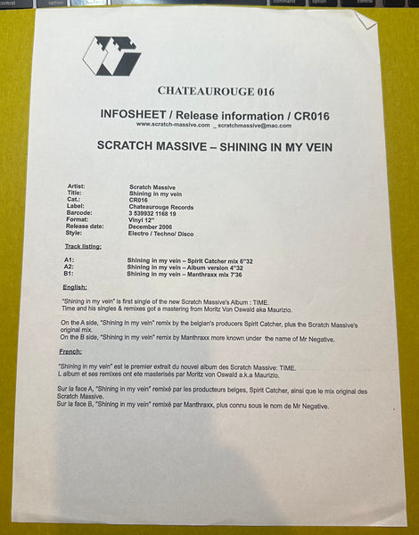 Scratch Massive - Shining In My Vein - Mint- 12" Single Record 2006 Chateaurouge France Promo White Label Vinyl & Insert - Electro