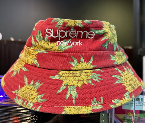 Used Rare SAMPLE Supreme Bucket Hat Crusher Floral Red & Yellow Sunflowers Flowers Sun
