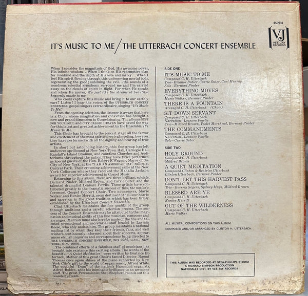 Utterbach Concert Ensemble ‎– It's Music To Me - VG LP Record (low grade cover) 1960s Simpson USA Vinyl - Gospel / Soul - Shuga Records