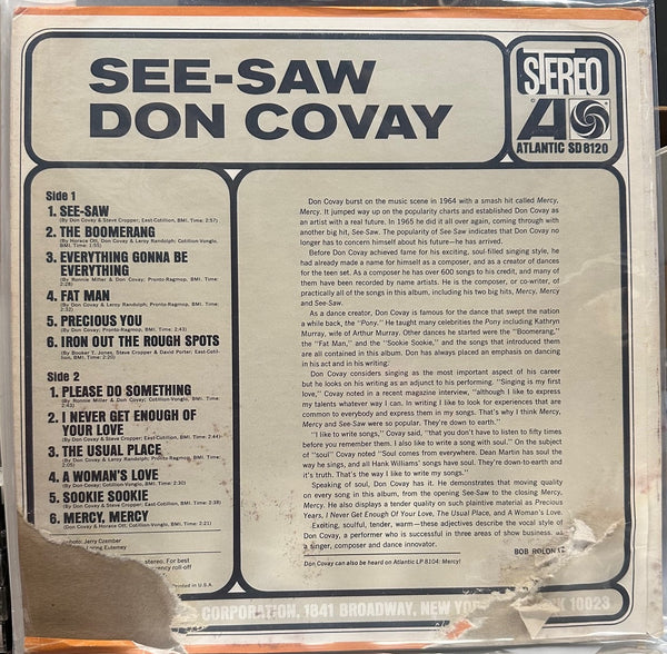 Don Covay – See Saw - VG+ LP Record (low grade cover) 1966 Atlantic USA Stereo Original Vinyl - Soul / Funk / Rhythm & Blues - Shuga Records