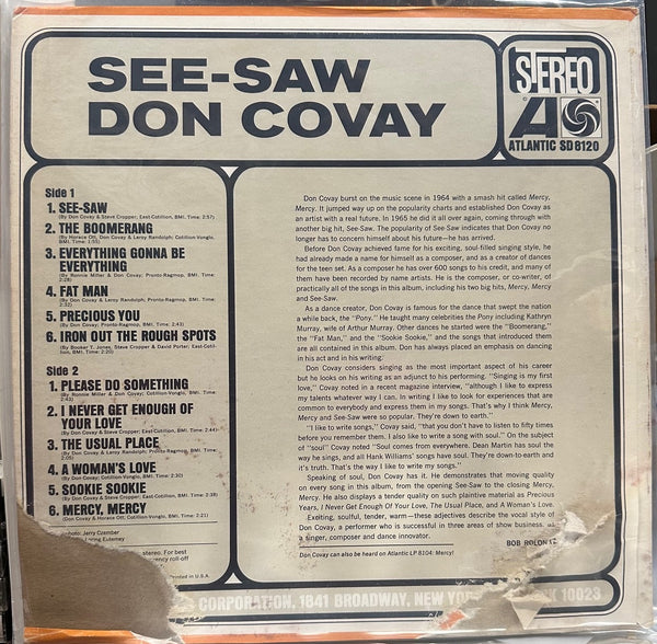 Don Covay – See Saw - VG+ LP Record (low grade cover) 1966 Atlantic USA Stereo Original Vinyl - Soul / Funk / Rhythm & Blues