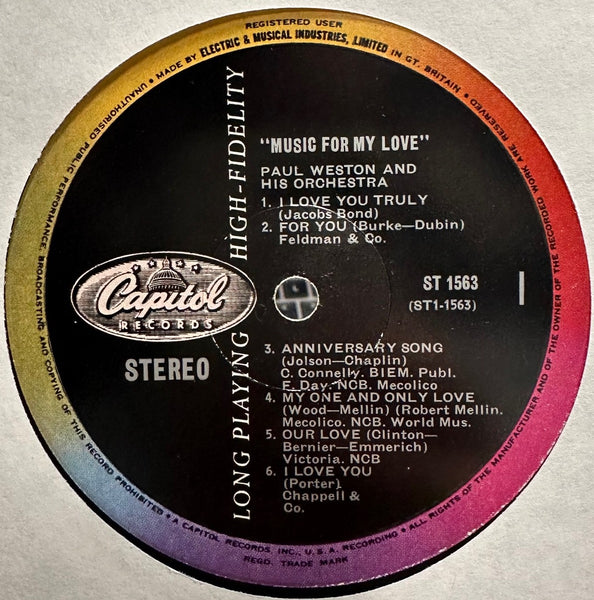 Paul Weston – Music For My Love - Mint- LP Record 1964 Capitol UK Stereo Vinyl - Jazz / Easy / Lounge - Shuga Records