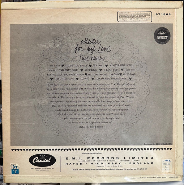 Paul Weston – Music For My Love - Mint- LP Record 1964 Capitol UK Stereo Vinyl - Jazz / Easy / Lounge - Shuga Records