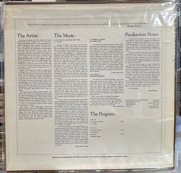 Signed Autographed - Sharon Isbin – Classical Guitar Vol. II Bach Britten Brouwer - COVER ONLY 1979 USA Sound Environment - Classical - Shuga Records