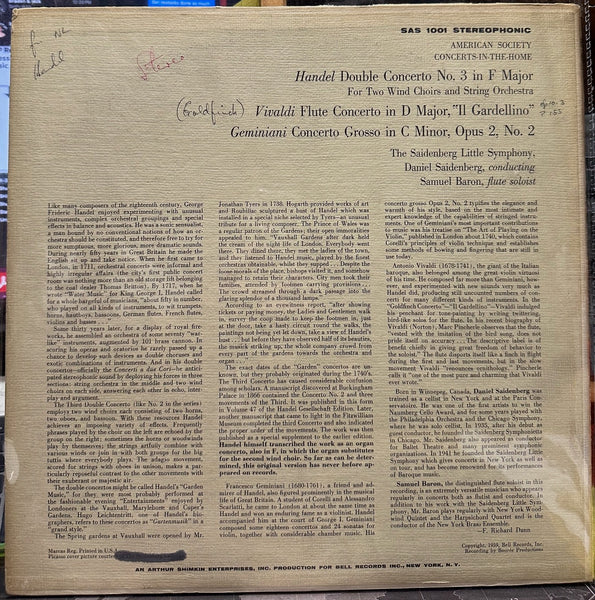 The Saidenberg Little Symphony, Vivaldi, Geminiani, Händel – Double Concerto No. 3 In F Major - VG+ LP Record 1959 American Society USA Stereo Vinyl & RARE Pablo Picasso Cover Art - Classical Version 2 - Shuga Records