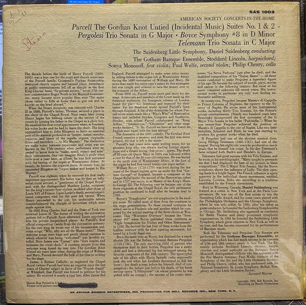 The Saidenberg Little Symphony - Purcell, Pergolesi, Boyce, Telemann – The Gordian Knot Untied (Incidental Music) & Others - VG+ LP Record 1959 American Society USA Stereo Vinyl & RARE Pablo Picasso Cover Art - Classical - Shuga Records