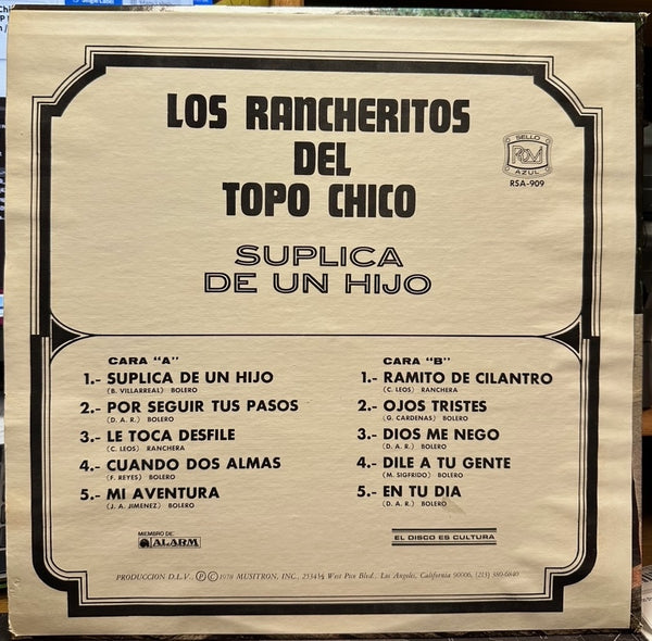Los Rancheritos Del Topo Chico - Suplica De Un Hijo - VG+  LP Record 1978 Rovi USA Vinyl - Latin / Ranchera - Shuga Records