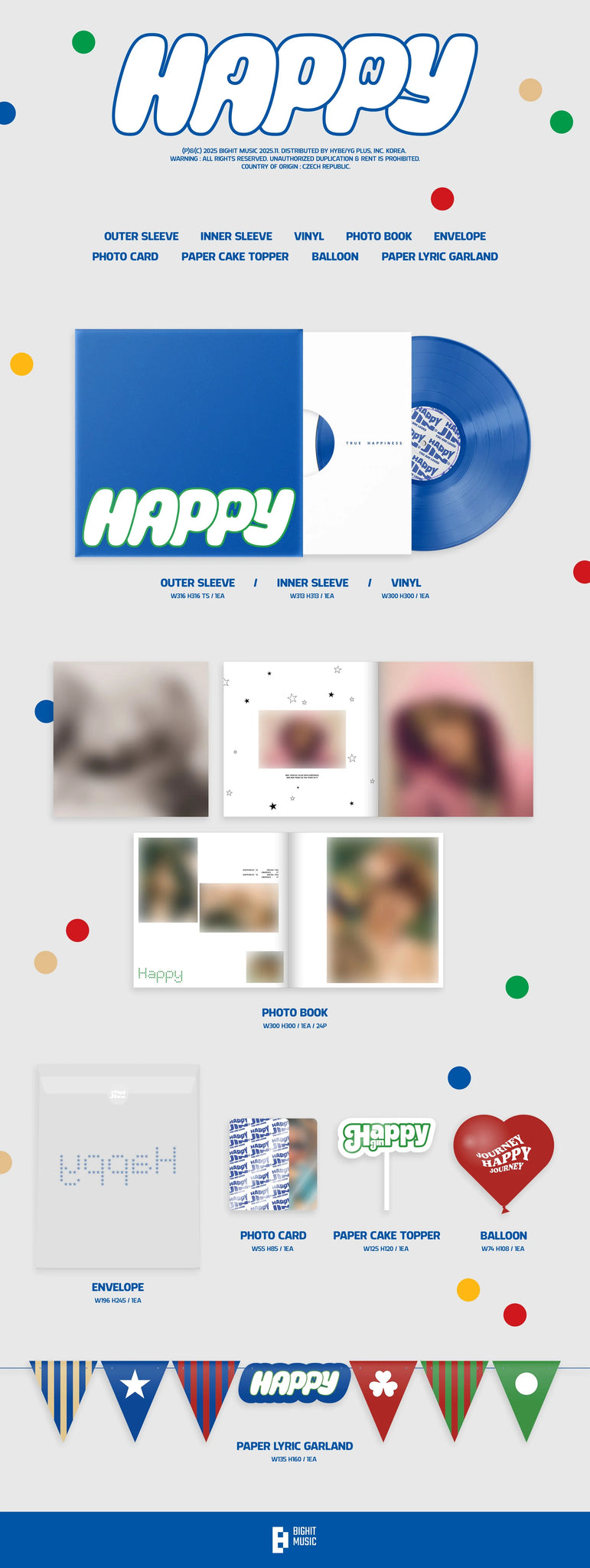 Jin - Happy - New EP 2025 Bighit Blue Vinyl, Balloon, Cake Topper, Photocard, Photobook & Envelope - K-Pop