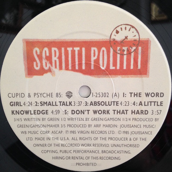 Scritti Politti – Cupid & Psyche 85 - VG+ LP Record 1985 Warner USA Original Vinyl - Synth-pop