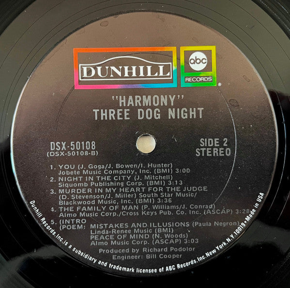 Three Dog Night - Harmony - Mint- LP Record 1971 ABC/Dunhill Vinyl - Soft Rock - Shuga Records