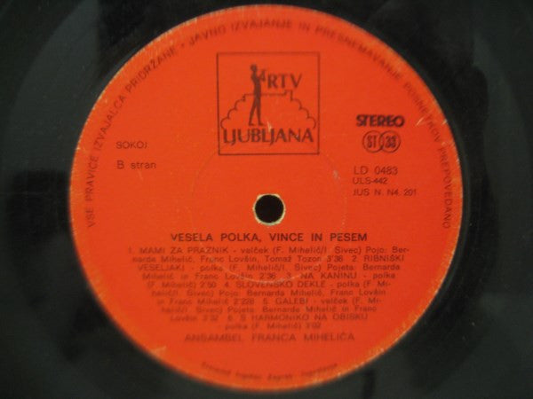 Ansambel Franca Miheliča - Vesela Polka, Vince In Pesem - VG+ LP Record 1978 RTV Ljubljana Yugoslavia Vinyl - World / Polka - Shuga Records