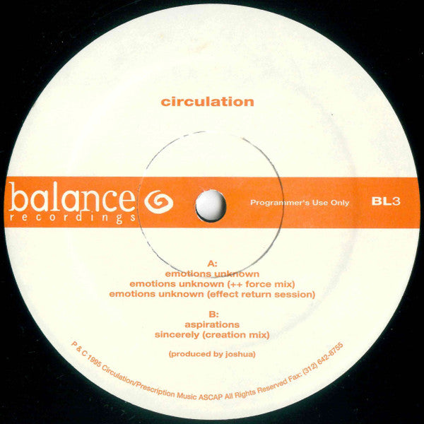 Circulation - Emotions Unknown - VG 12" Single Record 1995 Balance USA Vinyl - Chicago House / Deep House - Shuga Records